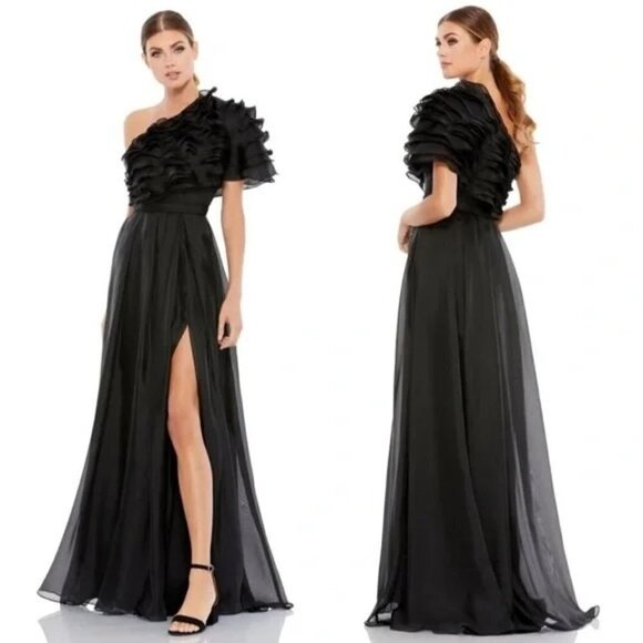 IEENA Mac Duggal 26527 Black Ruffle One-Shoulder Chiffon Gown Dress Size 12 NWT - Picture 3 of 5